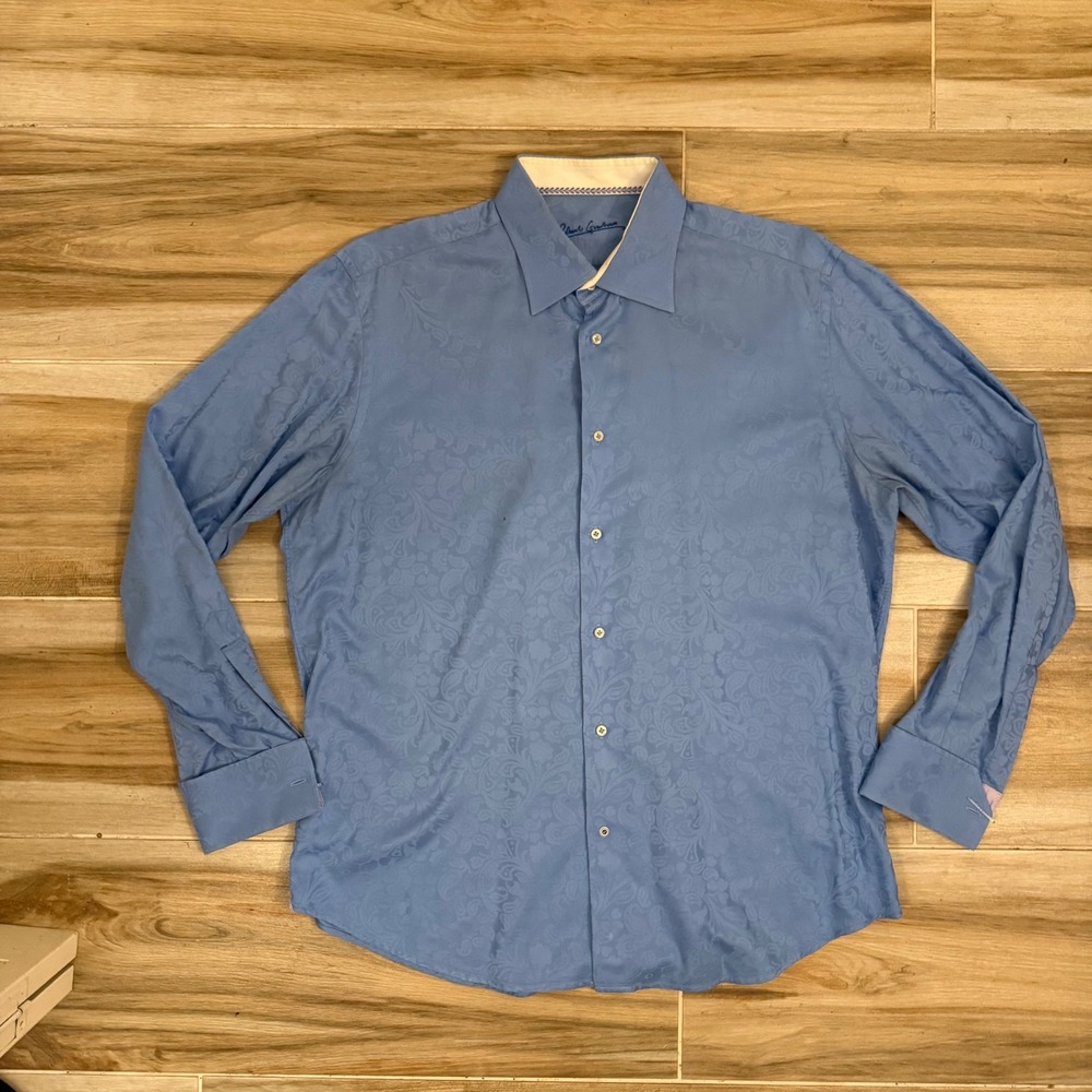 Robert Graham Mens Blue Paisley Jacquard French Cuff Cotton Dress Shirt‎ L/XL 17